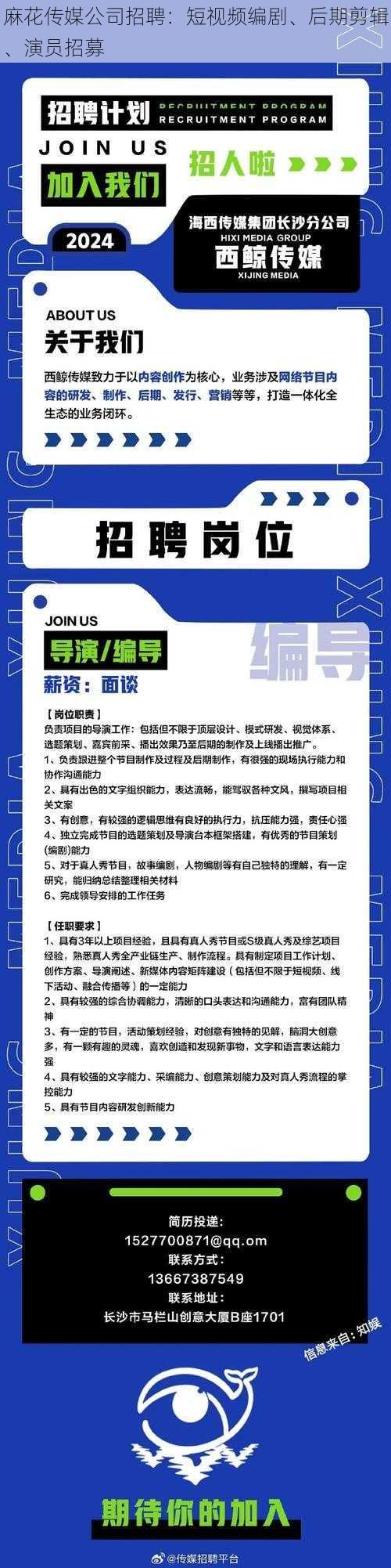 麻花传媒公司招聘：短视频编剧、后期剪辑、演员招募