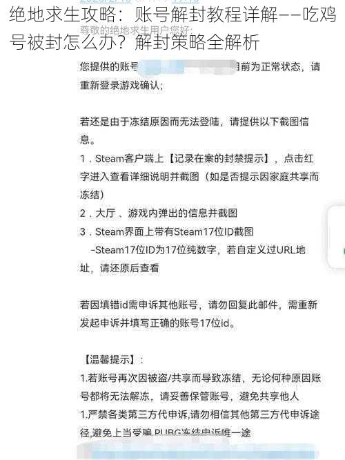 绝地求生攻略：账号解封教程详解——吃鸡号被封怎么办？解封策略全解析