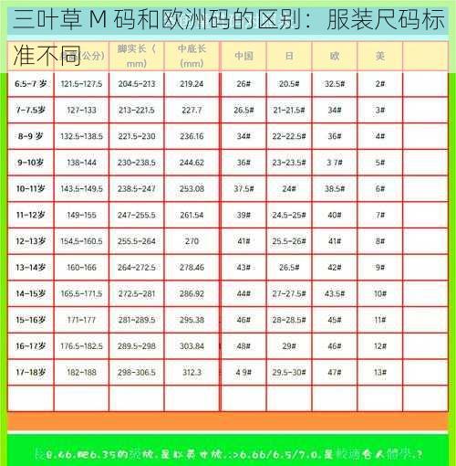 三叶草 M 码和欧洲码的区别：服装尺码标准不同