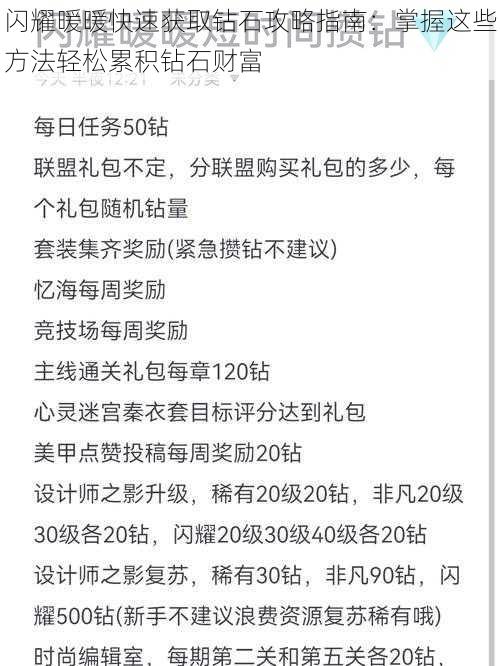 闪耀暖暖快速获取钻石攻略指南：掌握这些方法轻松累积钻石财富